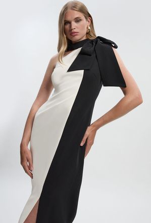 Karen Millen Womens Soft Tailored Colour Block Bow Tie Neck Midi Dress - Monochrome Multi - Size 12 UK