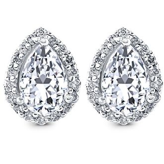 Pompeii3 1/2Ct Pear Shape Halo Screw Back Diamond Studs White or Yellow Gold Earrings