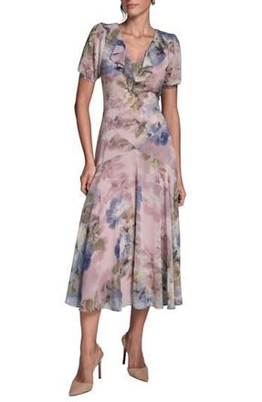 BCBGeneration Floral Open Back Ruffle Midi Dress in Lilac/Sapphire Blue Multi at Nordstrom Rack, Size 14