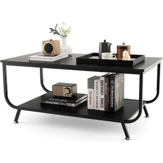 Costway Costway - Tavolino da Caff&egrave; da Divano, Tavolino Rettangolare con Piano in Marmo Sintetico a 2 Livelli e Struttura in Metallo, Ripiano di Stoccaggio
