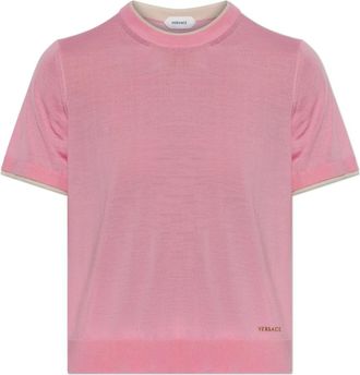 Versace Wollen top met geborduurd logo - Dames - Ronde hals truien - Roze - XS - Wol - Truien & Vesten