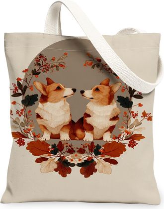 Generic Corgi Floral Canvas Tote Bags, Dog Plant Pattern Reusable Grocery Bags, Autumn Vintage Lightweight Washable Shoulder Strap, Beige, 13x15 Inch