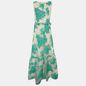 Roberto Cavalli White/green Tulle Embroidered Maxi Dress