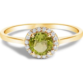 House of Brilliance 10K Gold Gemstone and 1/10 Cttw Diamond Halo Birthstone Ring in Yellow | Green Peridot at Nordstrom, Size 6.5