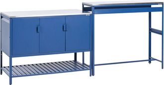 Beliani Outdoor Kitchen Cabinet Blue Stainless Steel 3 Door Unit with Top Garden Kitchen Dining MAENZA
