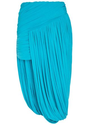 Ronny Kobo Wes Asymmetric Ruched Tissue Jersey Midi Skirt - Turquoise - S (UK8-10 / S)
