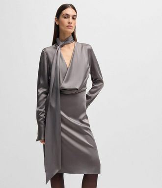 HUGO BOSS Damesjurk Boss Bascarva met lange mouwen en sjaalhals in grijs