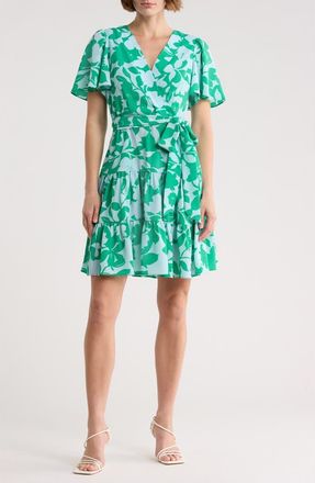 Eliza J Floral Short Sleeve Fit & Flare Dress in Green at Nordstrom Rack, Size 12