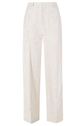 Isabelle Blanche Ecru Sequins-Striped Zippered Cotton Wide-Leg Pants