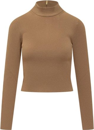 Michael Kors Geribbelde Gebreide Mock-Neck Trui - Dames - Coltruien - Bruin - L - Polyester - Truien & Vesten