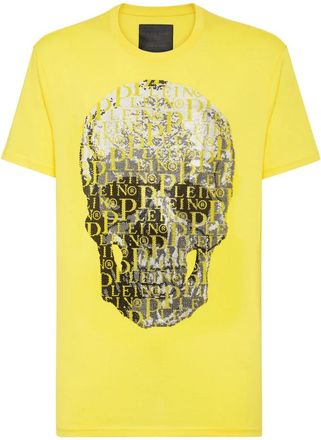 Philipp Plein T-shirt Ronde Hals SS Skull and Plein met Kristallen - unisex - T-shirts - Geel - 4XL - Katoen - Tops