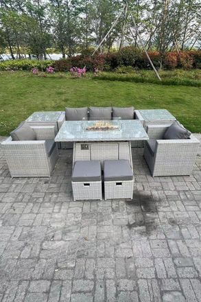 Fimous Rattan Garden Furniture Set Gas Fire Pit Lounge Sofa Chair Dining Set With 2 Side Table in Light Grey