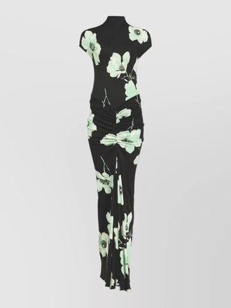 Alaia ruched floral maxi dress cap sleeves neckline