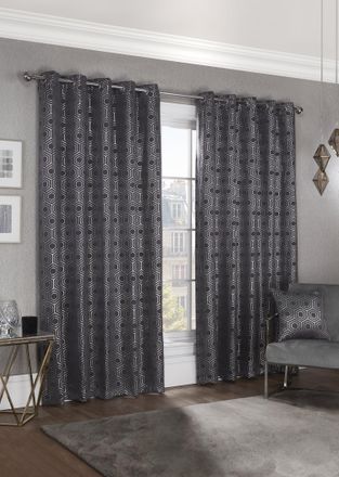 TJ Hughes Hartford - Woven Thermal Blackout Eyelet Curtains in Charcoal - TJ Hughes Black