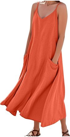 Generic Womens Strappy Summer Dresses Cotton Linen Maxi Dresses Adjustable Spaghetti Strap V Neck Sleeveless Dress with Pockets Boho Beach Holiday Dress Solid