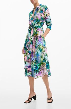 Desigual Abstract Floral Print Long Sleeve Shirtdress in Yellow at Nordstrom, Size X-Small