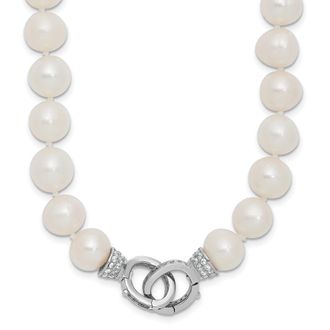 Diamond2Deal Sterling Silver 10mm White Freshwater Cultured Pearl and CZ Clasp Adjustable Necklace 18