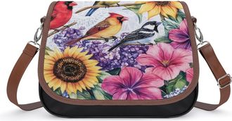 Generic Cardinal Sunflower Bird Welcome Crossbody Bags for Women Fashion Leather Shoulder Handbags With Adjustable Strap