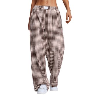 Generic Womens Striped Gingham Boxer Pants, Lounge Pajama, Casual Plaid Trousers, Y2K Fashion Beach Bottoms with Pockets (Khaki,XXL)