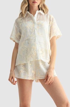 Lush Lace Trim Button-Up Shirt in Cream Crochet at Nordstrom Rack, Size Small