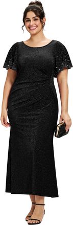 Ever-pretty Plus Size Glitter Evening Dress Round Neck Short Sleeves Maxi Length Black 24