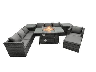 Fimous Rattan Garden Furniture Firepit Dining Set 8 Seater Lounge Sofa Table Set with 2 side table big Footstool in Dark Grey