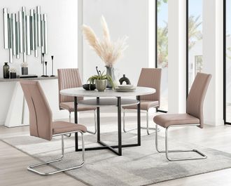 Furniturebox Adley Grey Concrete Effect Round Dining Table & 4 Lorenzo Faux Leather Chairs in Beige