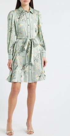 Anne Klein Long Sleeve Floral Print Shirtdress in Soft Aloe Multi at Nordstrom, Size 4