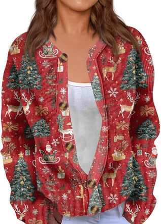 Generic Womens Christmas Jumpers Cardigan with Festive Reindeer Snowman Print Loose Fit Plus Size Funny Novelty Holiday Graphic Sweater Lightweight Chunky Cab