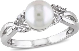 Mimi & Max Cultured Freshwater Pearl and Diamond Crossover Ring in 10k White Gold