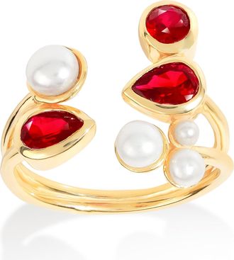 Tiramisu 14K Gold Plated Over 925 Sterling Silver Ruby & Pearl Asymmetric Ring