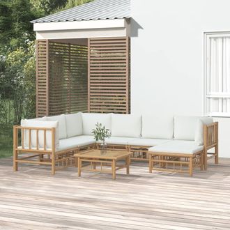vidaXL Set De Muebles De Jard&iacute;n 8 Piezas Bamb&uacute; Y Cojines Blanco Crema Vidaxl
