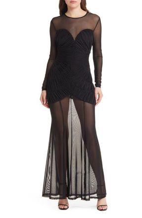 Misha Collection Talitha Smocked Mesh Long Sleeve Gown in Black at Nordstrom, Size Large