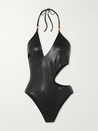 Versace Costume Da Bagno Cut-out In Lamé Stretch Con Scollo Allamericana E Decorazioni - Nero