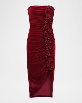 Bcbgmaxazria Strapless Velvet Ruffle Midi Dress