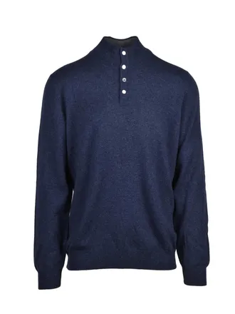 Vengera Blue Wool-Blend Button Mock Neck Sweater