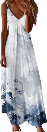 Generic Womens Clothes Sale Clearance Women Dresses Plus Size Floral Print Sleeveless Summer Dresses Sexy V Neck Spaghetti Straps Dresses Casual Elegant Beach