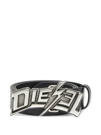 Diesel Black Lightning Bolt Design Metallic Buckle Silk-Nylon Blend Belt