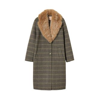 Twinset Enkelrij jas van geruite wol met sjaalkraag van bont - Dames - Mantel - Groen - M - Wol - Jassen