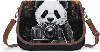 Generic Panda with Camera Crossbody Bag Womens Handbag PU Message Bags Shoulder Purse with Adjustable Strap