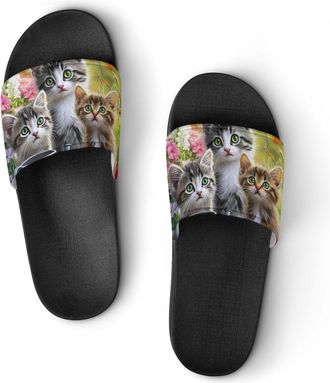 Generic Three Cute Cats Flowers Shower Shoes Slipper for Women Men Beach Slippers Quick Drying Non Slip Open-Toe Sandals