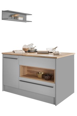 MID.YOU Mid.you K&uuml;cheninsel, Grau, Eichefarben, Kunststoff, 3 Schublade(n) Schubladen, einzeln stellbar, 145x90x90 cm, h&ouml;henverstellbare F&uuml;&szlig;e, K&uuml;chen, K&uuml;chenz