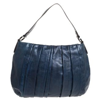 DKNY Dkny Navy Blue Pleated Leather Floral Chain Detail Hobo