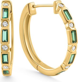 Pompeii3 1/2Ct Emerald & Diamond Crown Jewel Hoops Yellow Gold Earrings Lab Grown 3/4