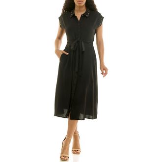 Nina Leonard Studded Cap Sleeve Midi Shirtdress in Black at Nordstrom Rack, Size X-Large