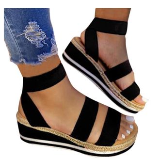 Generic 2026 Flat Strap Toe Womens Platform Band Comfortable Elastic Sandals Open Womens sandals (Black, 4.5)