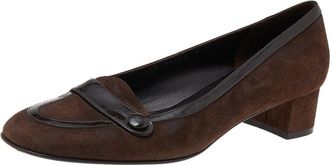 Ferragamo Dark Brown Suede And Patent Leather Block Heel Pumps