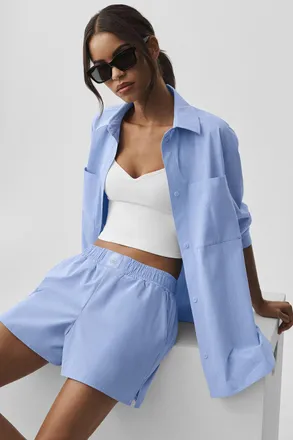 Alo | Pinstripe Daylight Button Down Long Sleeve Top in Light Provence Blue/White, Size: Medium