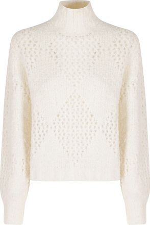 Ballantyne White Openwork Mid-Neck Alpaca-Blend Pullover Sweater