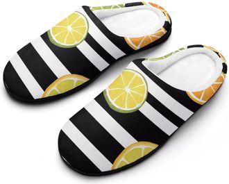 Generic Orange Lemon Slices Black And White Strip Cotton Slippers for Women Memory Foam Comfy House Shoes with Anti-Skid Rubber Sole
